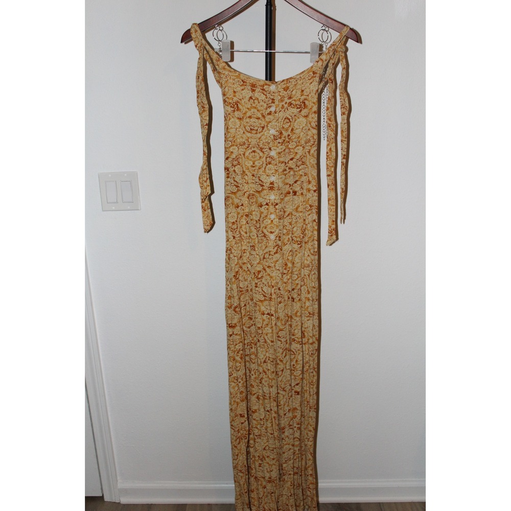 Free People Mustard Yellow Paisley Floral‎ Button Wide Leg Jumpsuit Tie Strap S